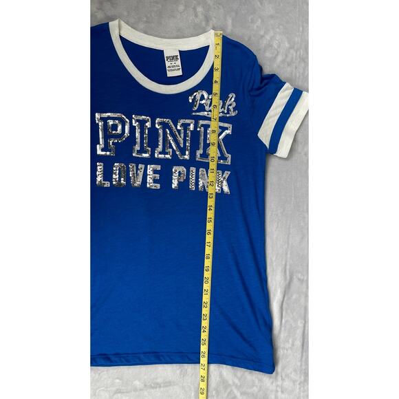 Victory Secret Pink‎ Shirt Women’s Short Sleeve Glitter Blue Jersey Y2K - Picture 7 of 12